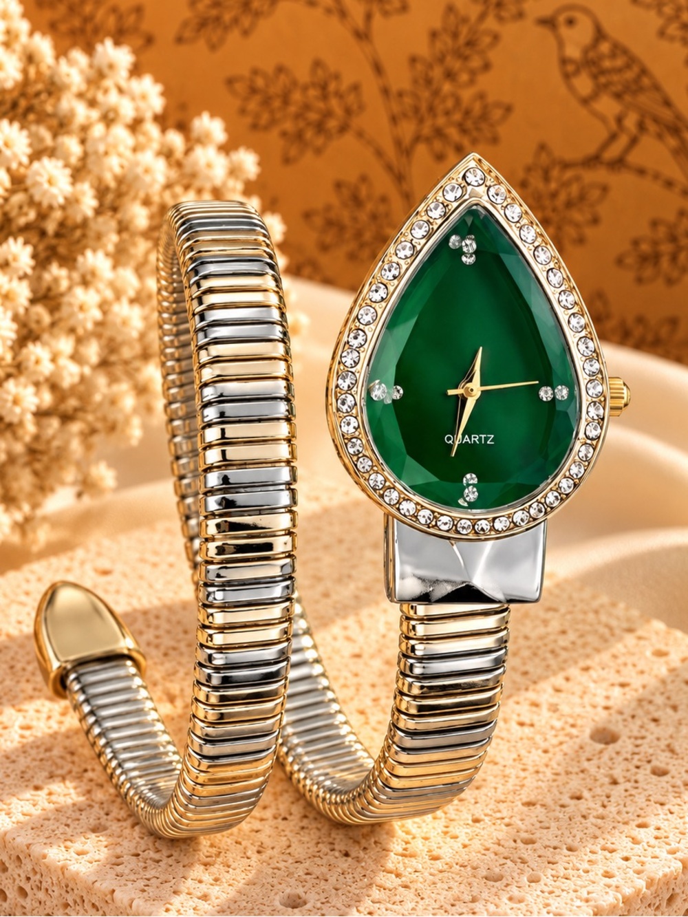 Luxury Green Crystal Snake Wrap Watch | Gold & Silver Two-Tone Bracelet Watch